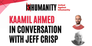 Kaamil Ahmed in Conversation with Jeff Crisp - Event Banner with UAI's Logo on top, the event title on the left and portrait images of Kaamil Ahmed and Jeff Crisp on the right.