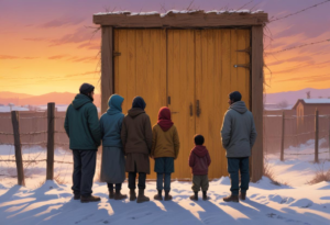 A group of 5 asylum seekers—2 men, women, and 2 children of Middle Eastern descent—stand with their backs to the camera, faces unseen, waiting before a high, imposing wood door fortified with dense barbed wire under a heavy, snow-filled winter sky.